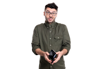 bankruptcy concept. bankrupt man with empty wallet isolated on white background.