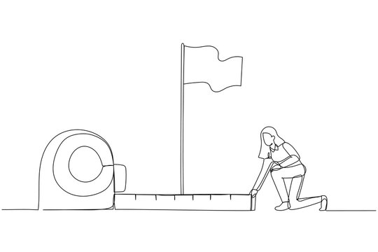 recommend clip art: Illustration of businesswoman using measuring tape to analyze distance from target flag. One continuous line art style