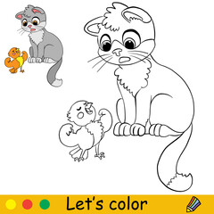 Cute surprised kitten and brave bird coloring with template
