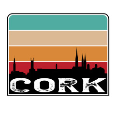 Cork Ireland Skyline Silhouette Retro Vintage Sunset Cork Lover Travel Souvenir Sticker Vector Illustration SVG EPS