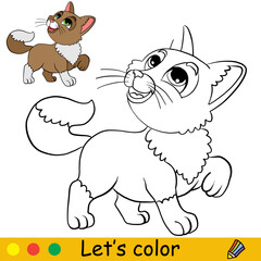 Cute fluffy cartoon cat coloring with template