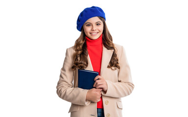 education of teen school girl with book isolated on white background. school education of teen girl