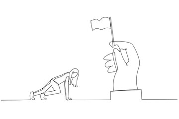 Drawing of businesswoman ready to race on position waiting for flag. Single line art style