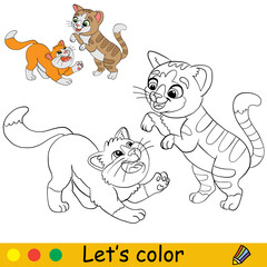 Two cute playful cats coloring with template