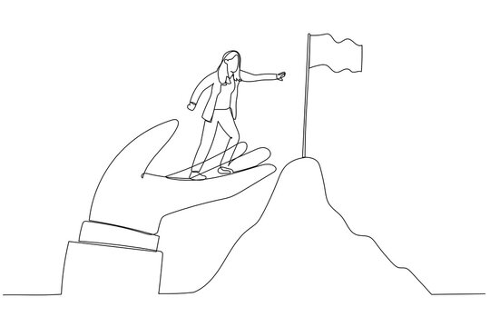 Cartoon of businesswoman stand on giant helping hand to reach top of mountain target flag. Continuous line art style