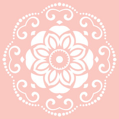 Oriental round pink and white pattern with arabesques and floral elements. Traditional classic ornament. Vintage pattern with arabesques