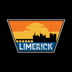 Limerick Ireland Skyline Silhouette Retro Vintage Sunset Limerick Lover Travel Souvenir Sticker Vector Illustration SVG EPS