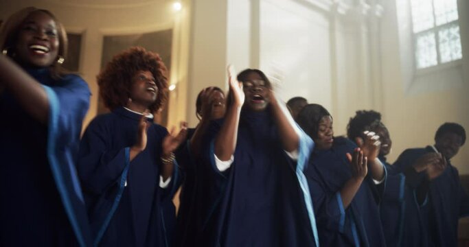 Group Of Christian Gospel Singers Praising Lord Jesus Christ. Church Filled with Spiritual Message Uplifting Hearts. Music Brings Peace, Hope, Love. Song Spreads Blessing, Harmony in Joy and Faith. 