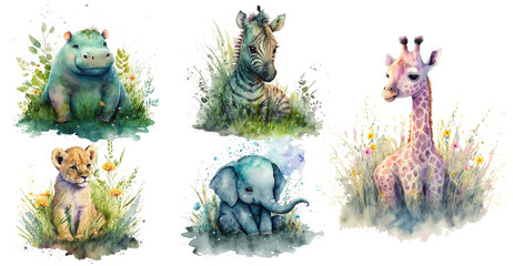 Obraz premium Safari Animal set elephant, giraffe, hippo, zebra, lion in watercolor style. Isolated vector illustration