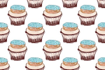 Seamless pattern with sweets, cupcake and donut. Food background, hand drawing illustration