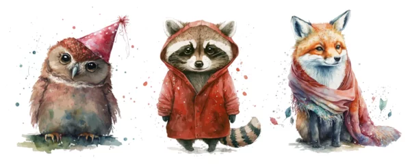 Rolgordijnen Safari Animal set fox, raccoon and owl in watercolor style. Isolated vector illustration © Zaleman