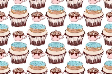 Seamless pattern with sweets, cupcake and donut. Food background, hand drawing illustration