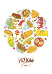 Mexican fast food poster template with kawaii food in cartoon doodle style. Menu for food fair and fisteval