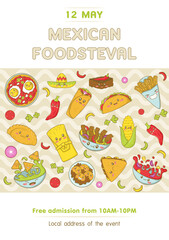 Mexican fast food fair and fisteval template with kawaii food in cartoon doodle style.