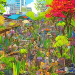 Natural environment Bangkok Thailand colorful illustration 