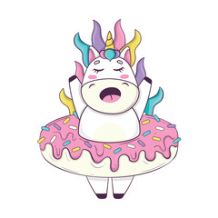 Cute kawaii unicorn with rainbow mane and anime style horn climbed into a donut