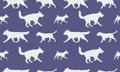 Seamless pattern. Silhouette dogs different breeds in various poses. Endless texture. Design for fabric, decor, wallpaper, wrapping paper, surface design. Vector illustration.