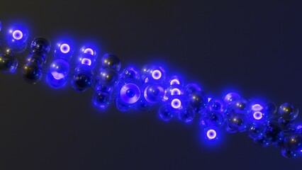 a bunch of balls and a grid in space against the background of a material and two lanterns in 3d