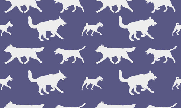 Seamless pattern. Silhouette dogs different breeds in various poses. Endless texture. Design for fabric, decor, wallpaper, wrapping paper, surface design. Vector illustration. © tikhomirovsergey