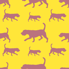 Seamless pattern. Walking english beagle puppy. Dog silhouette. Endless texture. Design for wallpaper, fabric, template, surface design. Vector illustration.