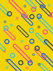 Set of memphis design elements isolated on a yellow background. Pattern from geometric shapes in Memphis 80s-90s style. For use in web design, invitation, poster, print.