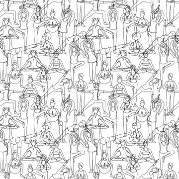 Seamless pattern with single line drawings of a girl sitting and standing in a yoga pose. Doodle illustrations of relaxing workout wallpaper