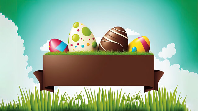 Easter egg banner with a clear space to add text, colorful green grass and a bright blue sky