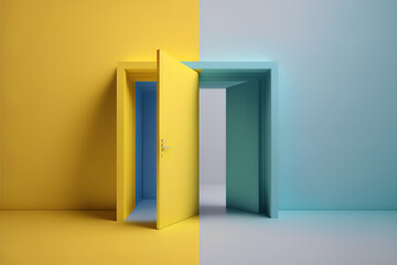 3d render, blue yellow background with double doors opening. Architectural design element. Modern minimal concept. Opportunity metaphor. Generative AI