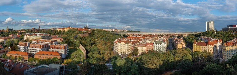 Fototapeta na wymiar Panoramic aerial view of Prague with Nusle Bridge - Prague, Czech Republic