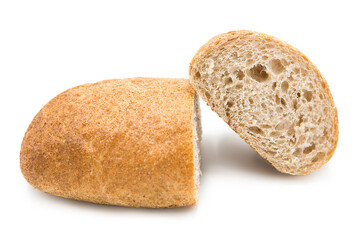Two halves of ciabatta (Italian bread) isolated on a white background.