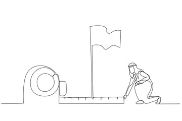 Cartoon of arab man using measuring tape to analyze distance from target flag. One line style art