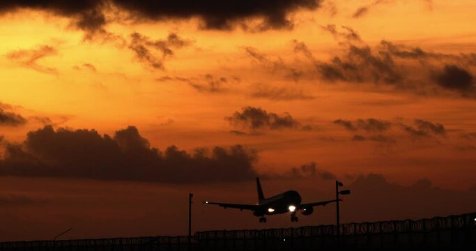Plane lands at airport. Airline has successfully carried out transportation of tourists. Evening flight. Successful landing at airport. Commercial passenger plane lands on airport runway during sunset