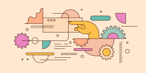 Modern geometric composition of various shapes. Illustration for design. A persons hand holds a geometric figure.