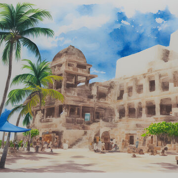 Cultural attractions Cancun Mexico watercolor on paper 