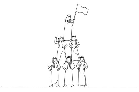 Cartoon of arab man make pyramid and lead by business leader with flag. One line art style