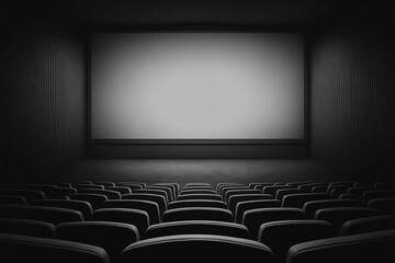 Movie theater with black seats and large blank screen. Concept of empty cinema hall. Generative AI