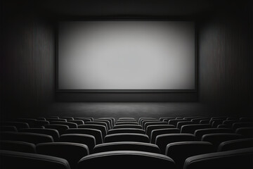 Obraz premium Movie theater with black seats and large blank screen. Concept of empty cinema hall. Generative AI