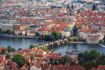 Naklejka na ściany i meble Aerial view of Charles Bridge and Stare Mesto - Prague, Czech Republic