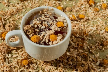 Dry chamomile flowers- tea time. Cup on yellow floral background