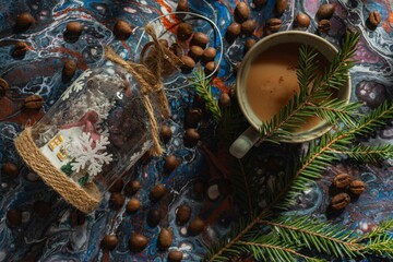Cup of coffee, beans and cookies on a dark background. Abstract backdrop fluid art