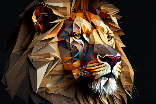 Geometric cubist lion head with the face in a polygon abstract pattern, computer Generative AI stock illustration image