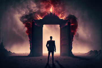 a politician or a business man standing at the gates of hell awaiting the eternal suffering he deserves, fire and flames and smoke in the background, generative ai - obrazy, fototapety, plakaty