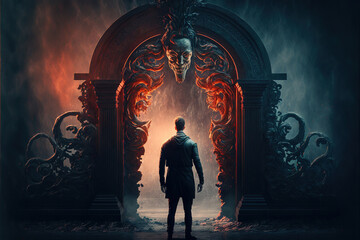 a politician or a business man standing at the gates of hell awaiting the eternal suffering he deserves, fire and flames and smoke in the background, generative ai