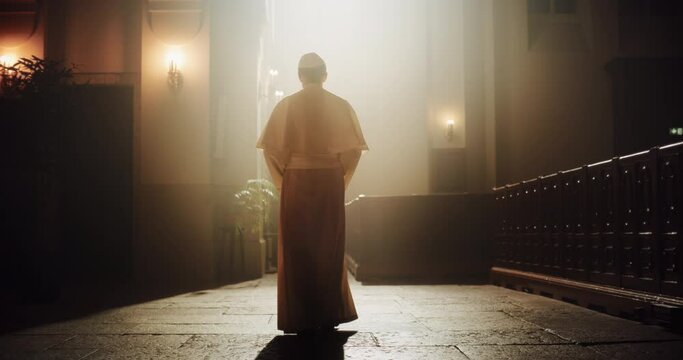 The Pope Walks Gracefully Through the Church, a Symbol Of Faith, Reverence, And Hope. Reminder of The Lord's Power, Beacon Of God's Love, Grace, And Mercy in Christian Faith. Blessing Light Shines