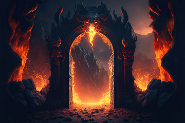 hell's gate, devil, horrific gates of hell with flames and fire and smoke, generative ai - obrazy, fototapety, plakaty