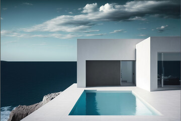 Fototapeta na wymiar modern white apartment building with pool, generative ai