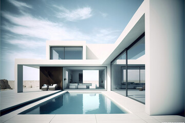 Fototapeta na wymiar modern white apartment building with pool, generative ai