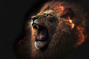 roaring mighty fantasy lion with flames and glowing lights, generative ai