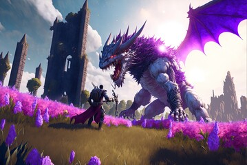 Artist's idea of an epic hero elf knight defending a tower castle from two large dragons while standing in a field of purple flowers bathed in sunshine. Generative AI - obrazy, fototapety, plakaty