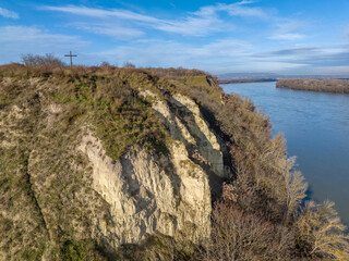 Hungary - Amazing Rocky coast next to the Danube river near Százhalombatta city from drone view